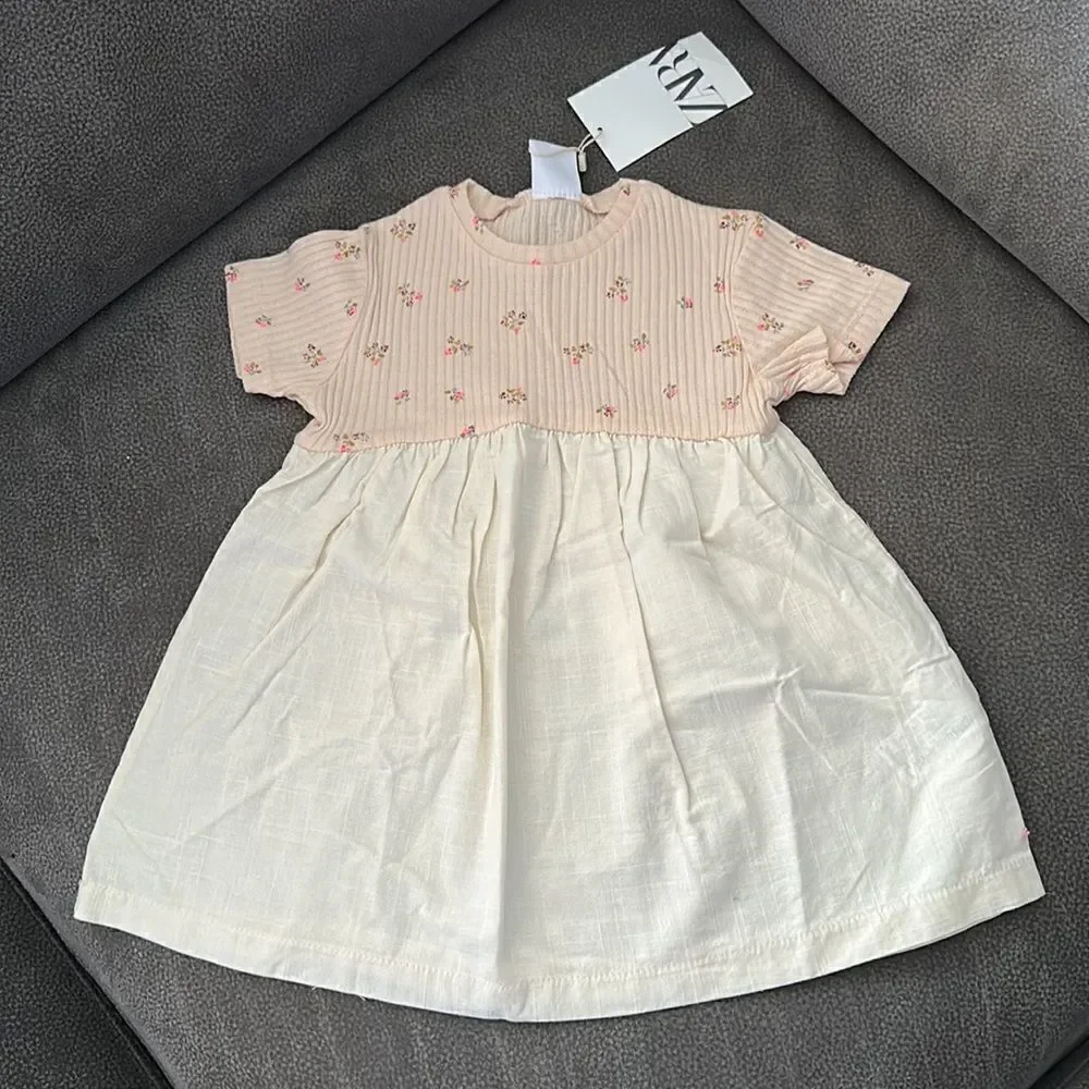 Zara Kids Ecru Floral Ribbed Knit Dress NWT 18-24M